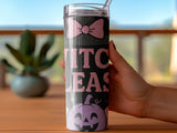Sparkling pink bow and purple pumpkin Halloween tumbler with "Witch Please" text.