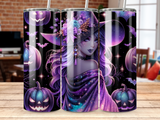 Witch with purple hair, galaxy cloak, and Halloween pumpkins on a tumbler.