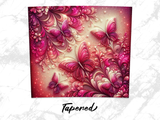Intricate pink butterflies and floral swirls on a textured background.