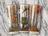Three tumblers with a deer in a forest scene and "Hunting Season" text.