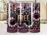 Tumbler with floral pattern and leopard print, says "FREE" in gold letters.