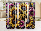 Sunflowers and purple flowers with "HAPPY" text on a gold plaque.