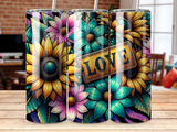 Floral tumbler with "LOVE" sign.
