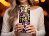 Woman holding a tumbler with sunflowers and "FREE" text.