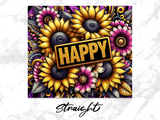Golden sunflowers and pink flowers surround a "HAPPY" sign with script text below.