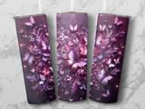 Three tumblers with a purple floral and butterfly design.