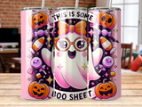 Cute ghost with glasses and pumpkins, saying "This is some boo sheet."