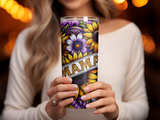 Tumbler with "Mama" text and sunflowers and purple flowers design.