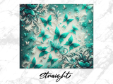 Teal butterflies and floral swirls with glitter accents.