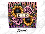 Sunflowers, roses, and wheat stalks surround the word "KIND" on a glittery background.
