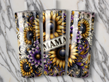 Three tumblers featuring sunflowers, purple flowers, and the word "MAMA".