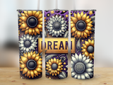 Three tumblers with sunflower and leopard print designs, featuring the word "DREAM".
