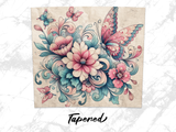 Pink and blue floral and butterfly illustration with "Tapered" text.