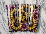 Three tumblers with sunflowers and "HAPPY" in a gold frame.