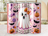 Pink ghost in witch hat with candy, bats, and pumpkins, saying "This is some Boo Sheet."