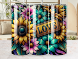 Floral design tumbler with "LOVE" plaque, bright colors and sparkling details.