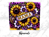 Sunflowers and purple flowers with a banner reading "MAMA".
