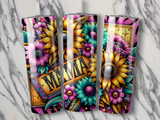 Three tumblers with a floral "Mama" design and sparkling gold accents.