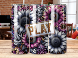 Three tumblers decorated with sunflowers, dice, and a "PLAY" sign.