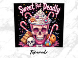 Skull wearing candy-themed whipped cream, surrounded by candy canes and Halloween sweets.