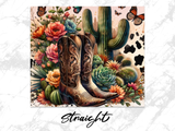 Cowboy boots, desert flowers, cacti, and butterflies on cowhide pattern.