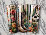 Cowboy boots with floral and cactus desert scene design.