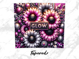 Floral pattern with pink and white flowers, dark centers, and the word "GLOW".