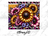 Sunflowers and roses with purple accents on striped background.