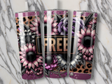 Three tumblers with floral and leopard print designs, featuring the word "FREE".