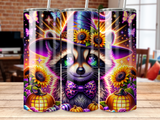 Whimsical raccoon in witch hat with sunflowers and pumpkins, Halloween theme.