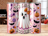 Pink ghost with "This is some boo sheet" text on Halloween tumbler.