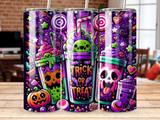 Halloween tumblers with trick-or-treat text and spooky characters.