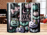 Halloween tumbler with pumpkins, bats, and "Witch Please" text.