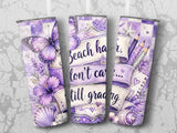 Purple floral beach tumbler with butterfly, seashells, and pencils, "Beach hair don't care."