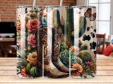 Cowboy boots, cacti, and colorful flowers with butterflies and cow print patterns.