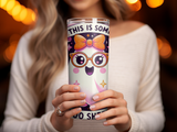 Ghost wearing glasses and a bow, holding a pink candle with text.