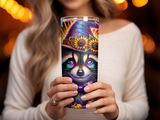 Witchy raccoon wearing a sunflower hat and bow tie on a sparkly tumbler.