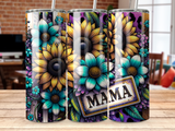 Sunflower and floral design with "MAMA" text on a tumbler.