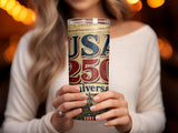 Tumbler featuring "USA 250" text and Independence Hall illustration on Declaration background.