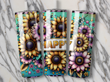 Three tumblers with sunflowers and "HAPPY" text on a marble background.