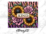 Sunflowers, roses, and pink flowers with "KIND" text on a sparkling purple background.