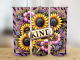 Sunflowers and purple flowers border the word "KIND" on a striped background.