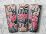 Proud American tumbler with cowboy hat, boots, horseshoes, and "Since 1776 America 250" text.