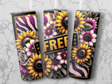 Three tumblers featuring sunflowers and purple stripes with "FREE" text.