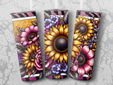 Three tumblers with vibrant sunflowers, roses, and purple flowers against a marbled background.