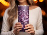 Tall tumbler with intricate purple butterfly and floral design.