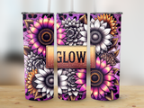 Three tumblers with a "GLOW" design featuring sunflowers and leopard print.