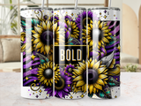 Sunflower design with purple glitter stripes and "BOLD" text on tumblers.