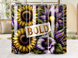 Three tumblers featuring sunflowers and purple flowers with glitter accents.