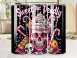 Halloween tumbler with skull, candy, pumpkin, and "Sweet But Deadly" text.